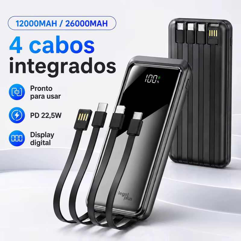 Carregador Portátil 12000mAh / 26000mAh com Cabos Embutidos, Display de Porcentagem, USB Tipo-C, Proteção Elétrica