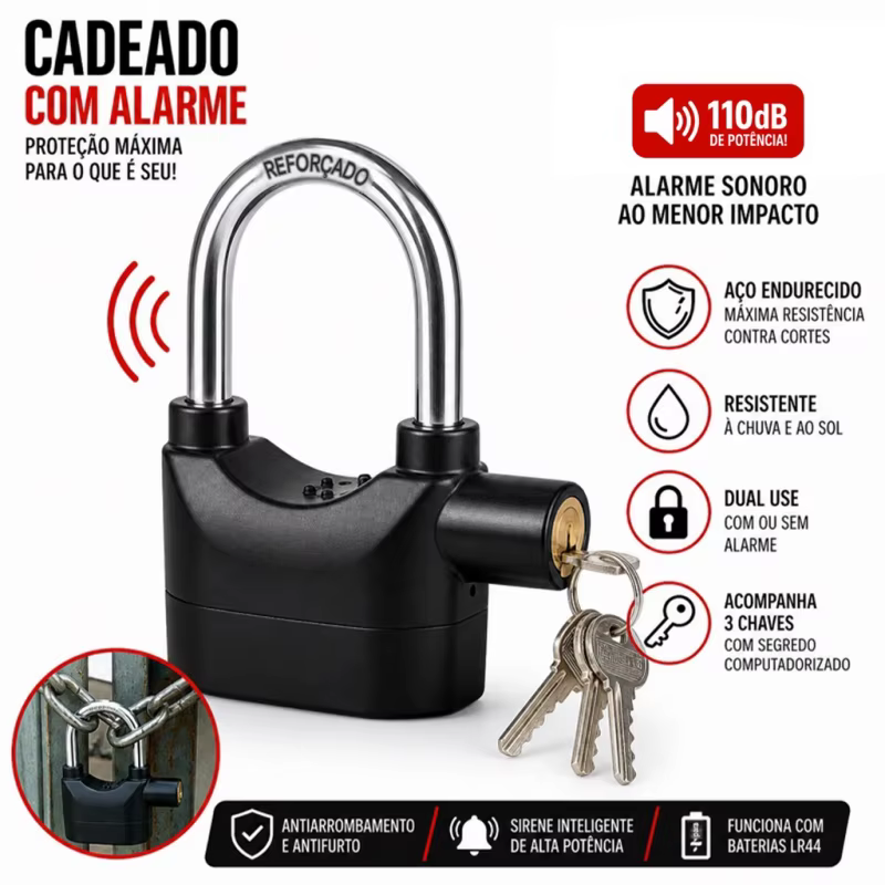 Trava Antifurto Portátil com Sirene de 110dB para Bicicleta, Moto e Malas de Viagem