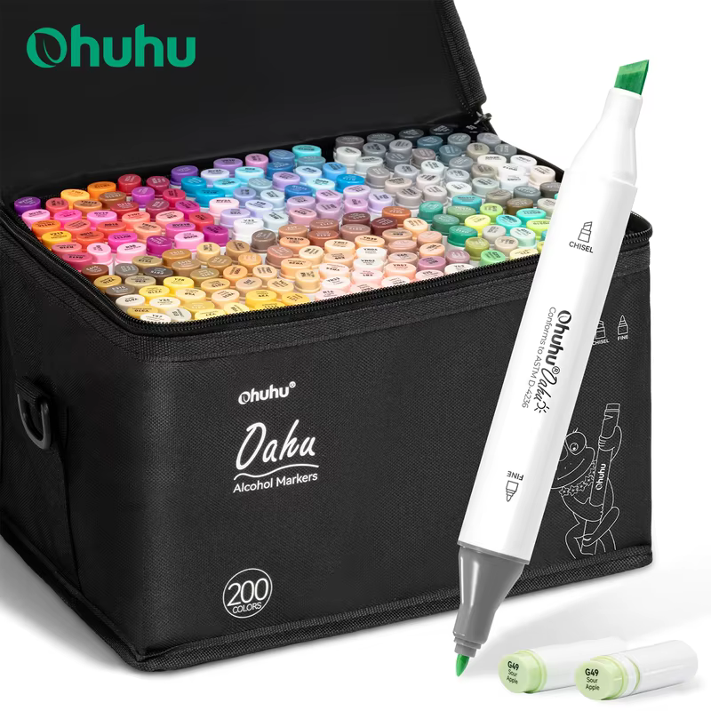 Ohuhu Oahu Conjunto de canetas marcadoras de 200 cores, marcadores de arte com álcool, pontas duplas, caneta de feltro, esboço, desenho, grafite, mangá, material escolar de arte