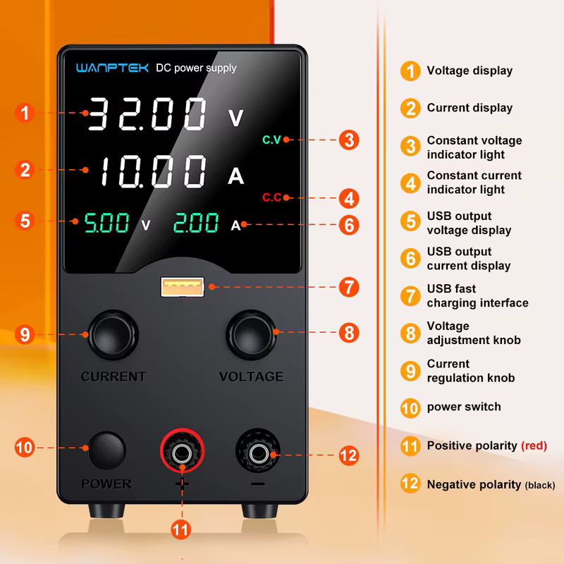 Fonte de Alimentação Ajustável Wanptek 30V 10A com Carregamento Rápido USB, Proteção Contra Curto-Circuito e OCP, WPS3010H DPS3010U EPS3210