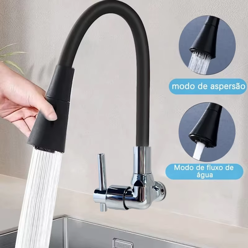 Torneira de Parede Preta Fosca para Cozinha, Bico Flexível 2 Funções e Controle de 1/4 de Volta