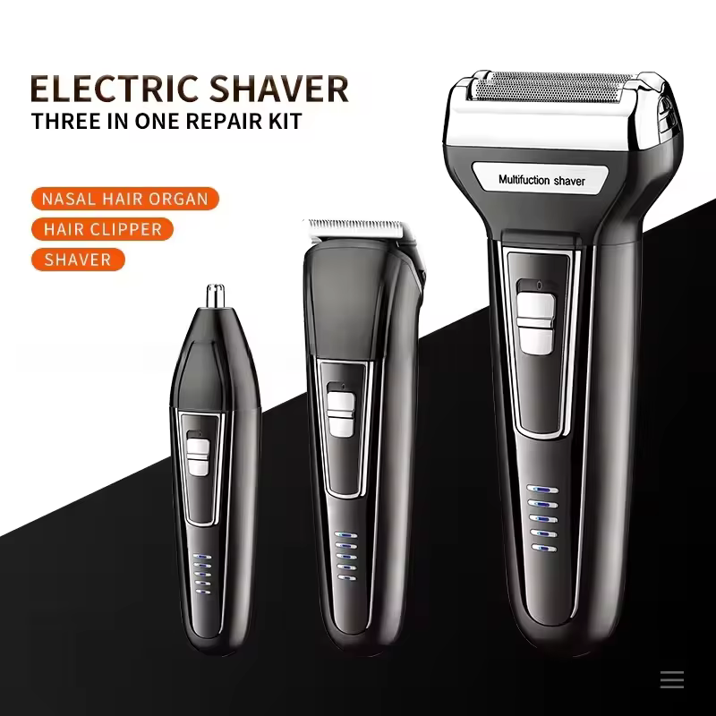 Kit de higiene multifuncional à prova d'água 3 em 1 com aparador de barba, aparador de pelos do nariz e barbeador elétrico USB para homens