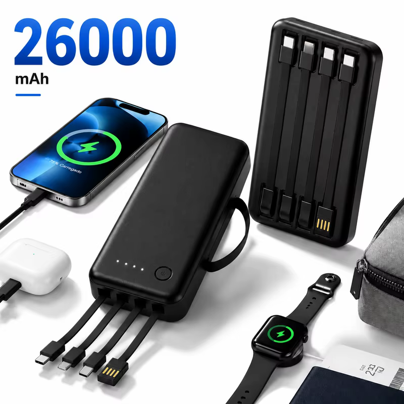 Carregador Portátil 12000/26000mAh Power Bank Rápido Com 4 Cabos USB Para Celular Viagem E Uso Diário