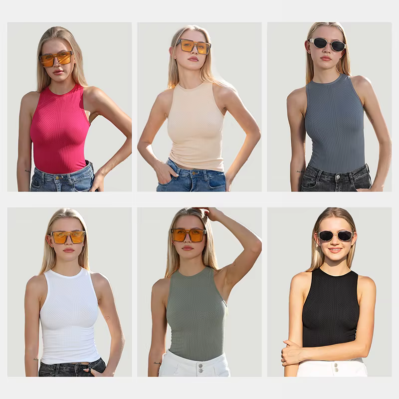 Regata Feminina Sem Costura, Gola Alta, Ajuste Lateral, Tecido Canelado, Respirável, Top Básico, Moda Fitness Casual, Verão