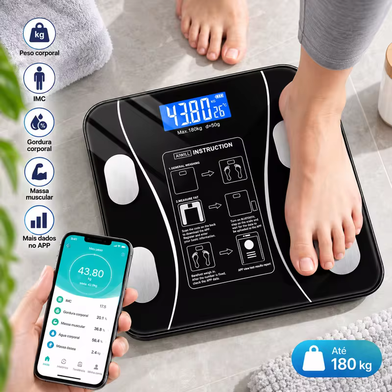 Balança Bioimpedância Digital Corporal Bluetooth 180kg Com App Para Monitorar Peso Gordura E Massa Muscular