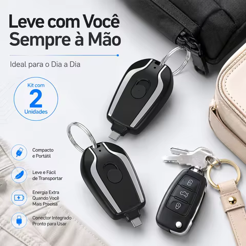 Mini chaveiro com luz LED portátil, carregador de carro, power bank de 1500 mAh, bateria externa recarregável de bolso.