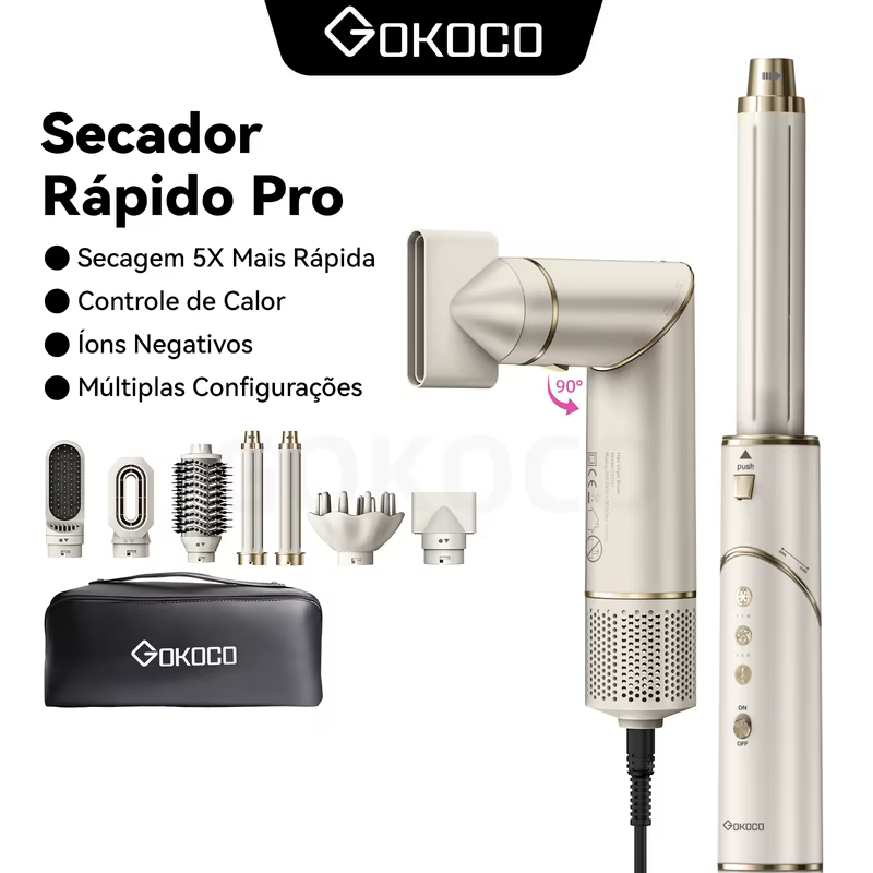 Secador de Cabelo GOKOCO com Escova Estilizadora de Ar Quente 7 em 1, Conjunto de Escovas Estilizadoras de Cabelo com Secador de Cabelo Iônico Negativo de Alta Velocidade