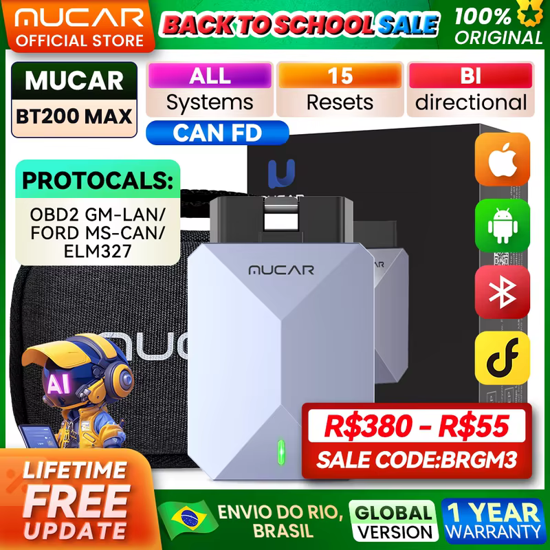 Mucar bt200 max can fd obd2 scanner 15 redefinições ai ferramentas de diagnóstico do carro todos os sistemas de varredura automática controle bidirecional atualização gratuita
