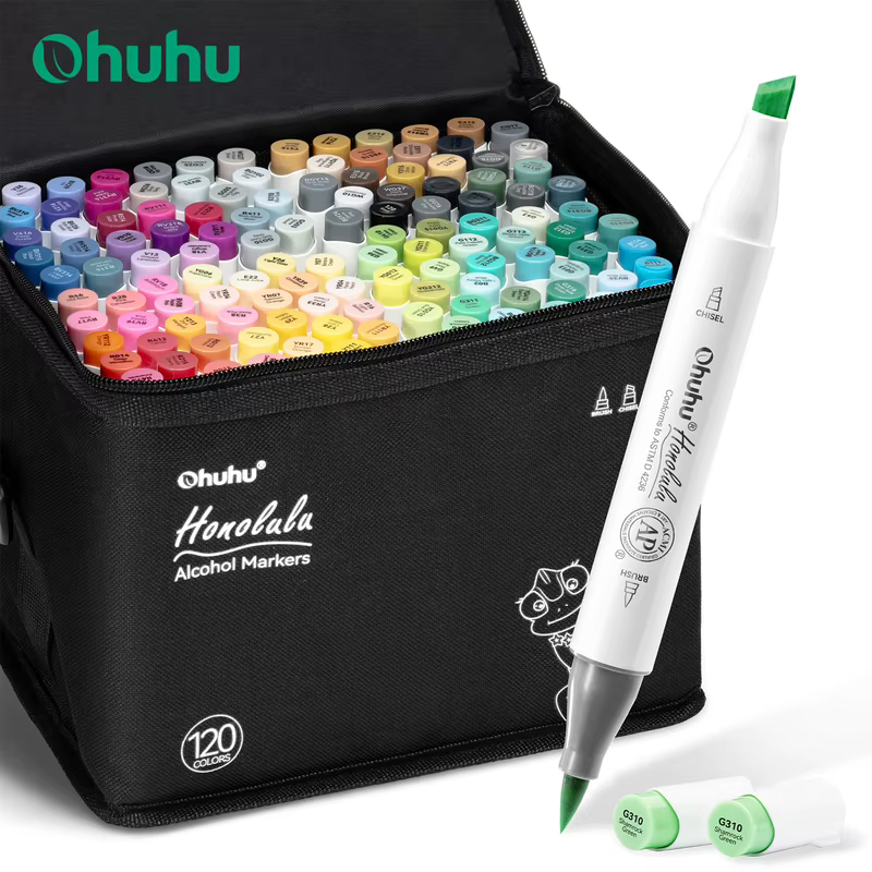 Ohuhu honolulu 120 cores marcador caneta conjunto marcadores de arte álcool recarregável dicas duplas esboçar desenho mangá material escolar arte