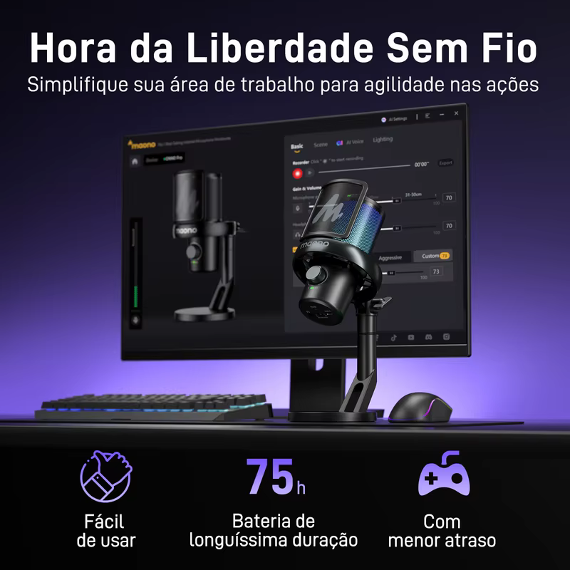 Liquidação: Microfone Condensador USB MAONO DM40 Pro, Microfone Sem Fio com Suporte de Mesa para Jogos de PC e Transmissões ao Vivo
