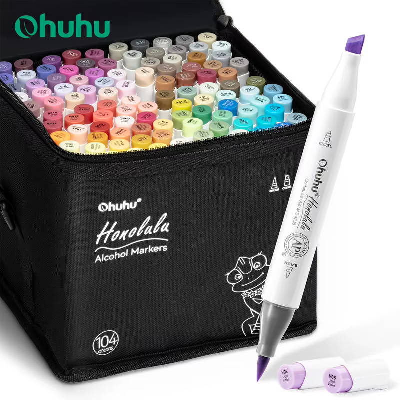 Ohuhu honolulu conjunto de canetas marcadoras de 104 cores, marcadores de arte com álcool, pontas duplas recarregáveis, esboço, desenho, mangá, material escolar de arte