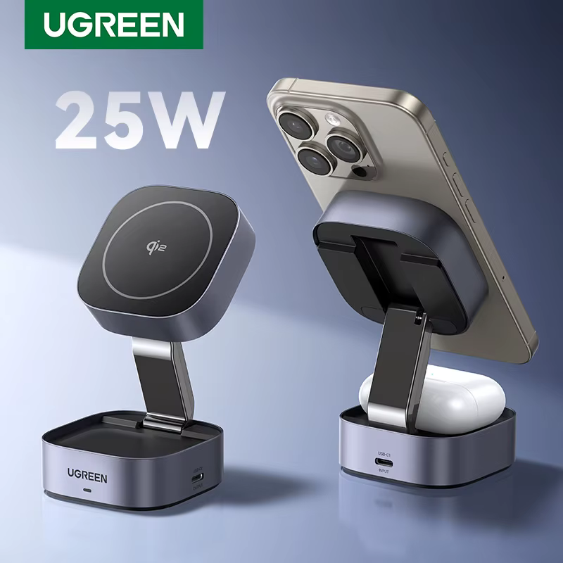 Suporte de Carregamento Magnético Sem Fio UGREEN Qi2/Qi 15W 2-em-1 para iPhone 16 17 Pro Max/AirPods com Carregamento Rápido