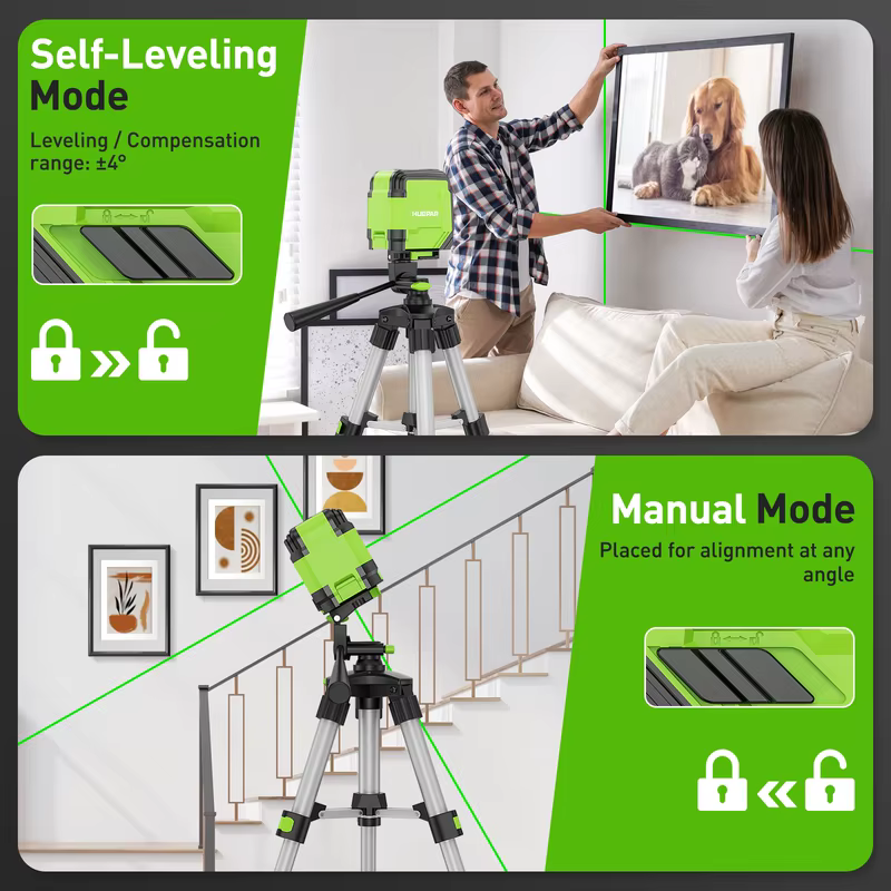 Huepar nível laser de linha cruzada com base magnética em forma de l osram feixe verde 2 linhas auto-nivelamento ferramenta laser horizontal e vertical
