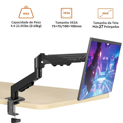Suporte de Monitor Único, Montagem de Monitor Totalmente Ajustável para Telas de 10 a 27 Polegadas, Suporte de Monitor de Computador de Instalação Rápida