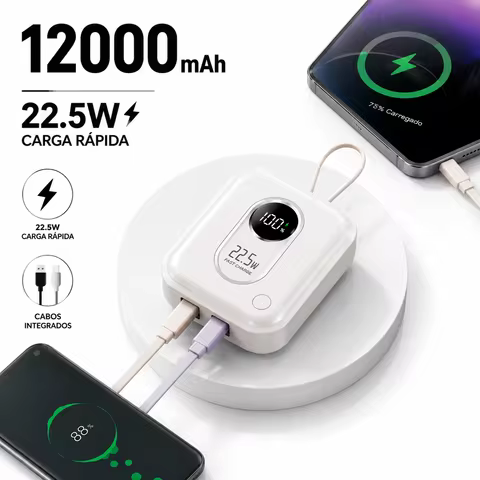 Carregador Portátil 12000mAh Com Display LED Cabos Integrados Power Bank Carregamento Rápido Para Smartphone