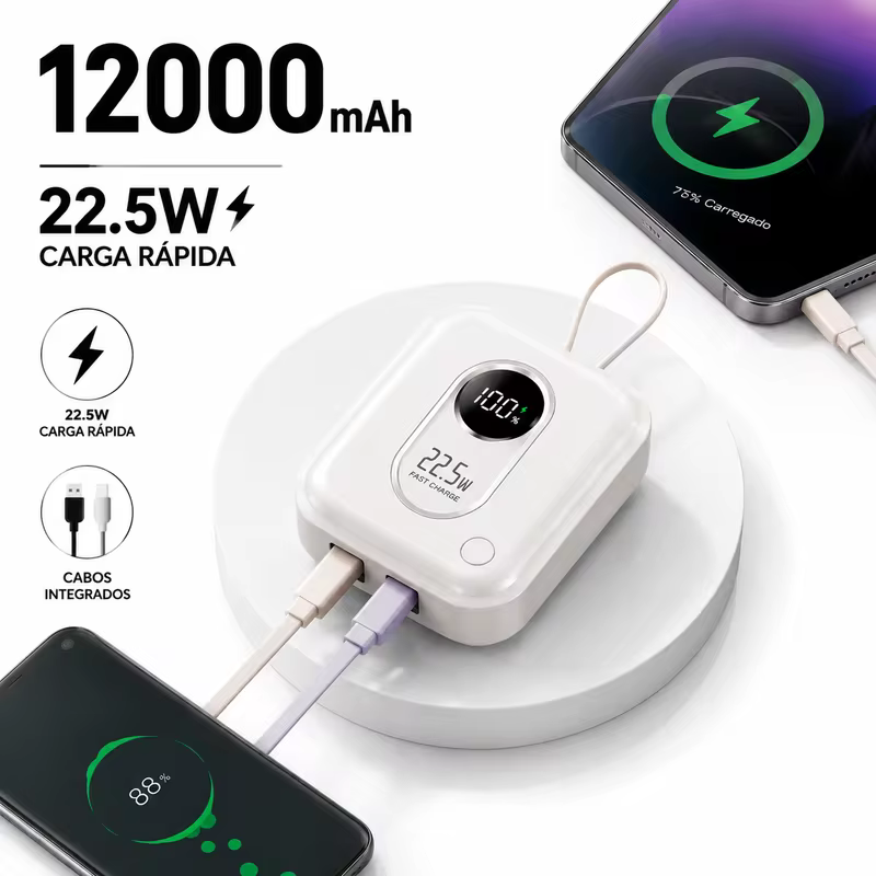 Carregador Portátil 12000mAh Com Display LED Cabos Integrados Power Bank Carregamento Rápido Para Smartphone