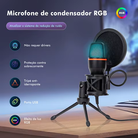 Microfone de Mesa RGB com Cancelamento de Ruído Ativo - 48KHz, USB Plug & Play e Tripé Ajustável para Streamers/Gamers， Coibeu