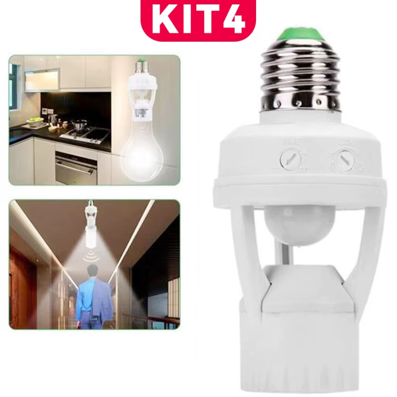 Kit com 4 Sensores de Presença para Lâmpada Soquete E27 Bivolt 110V 220V Máx. 60W Iluminação Automática