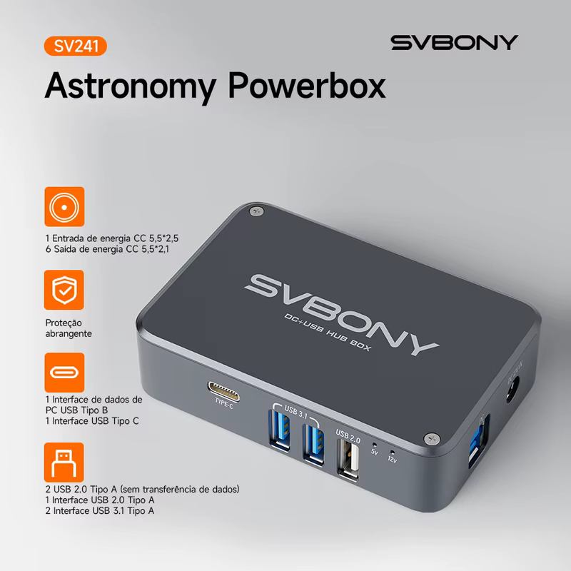 Svbony SV241 Astronomia Micro DC + USB HUB Box USB3.1 Saída de leitura de alta velocidade e interface tipo C para astrofotografia