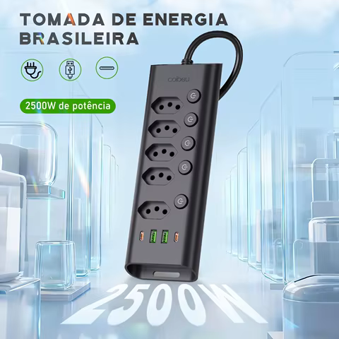 Extensão de Tomada Padrão BR com 5 Saídas 2 USB 2 Type-C Interruptor Liga/Desliga Material PC Resistente ao Fogo Cabo 2500W