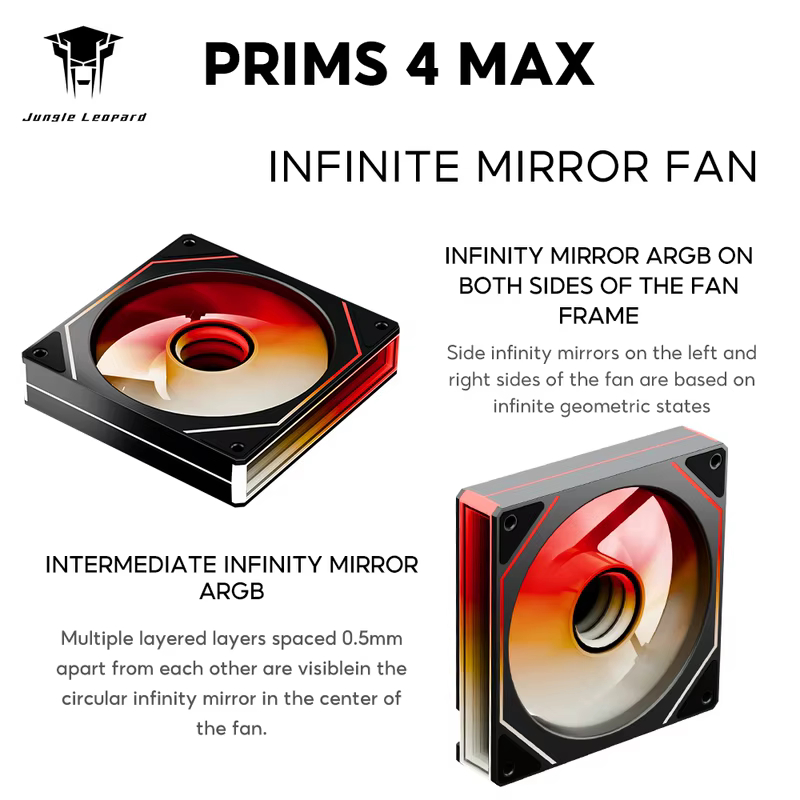 Ventilador de Gabinete ARGB Jungle Leopard Prism4 MAX 120mm com Lâmina Reversa, Efeito de Luz RGB Espelho Infinito, Sincronização de Luz com Placa-Mãe 5V 3PIN