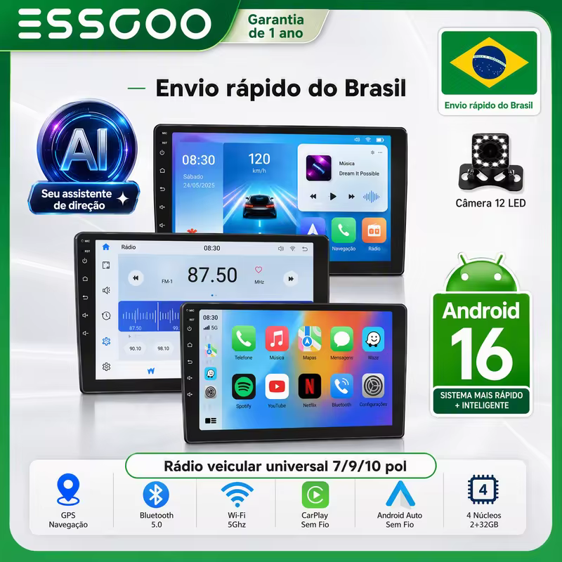 ESSGOO Android 16 Rádio de Carro Sem Fio Carplay Universal Multimídia Automotiva 2 Din GPS Bluetooth Para Volkswagen Nissan Hyundai