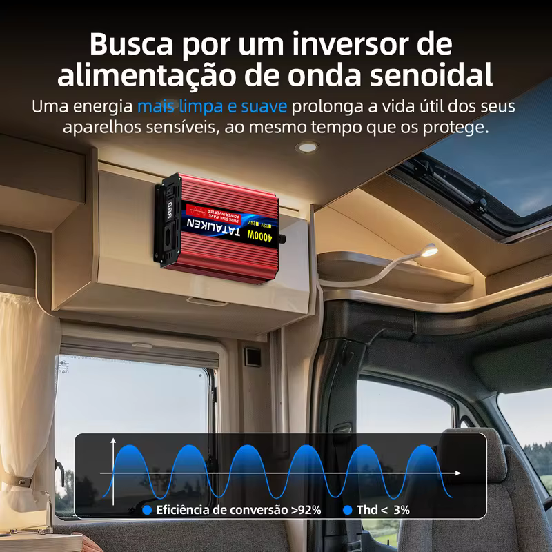 Inversor de potência de onda senoidal pura 1000W-4000W com display LCD - 110V/220V Brasil Outlets para carro/RV