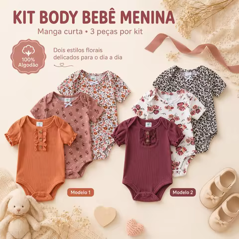 Kit Body Bebê Menina 3 Peças Manga Curta Estampado Roupa Infantil Enxoval Recém-Nascida 4 Modelos