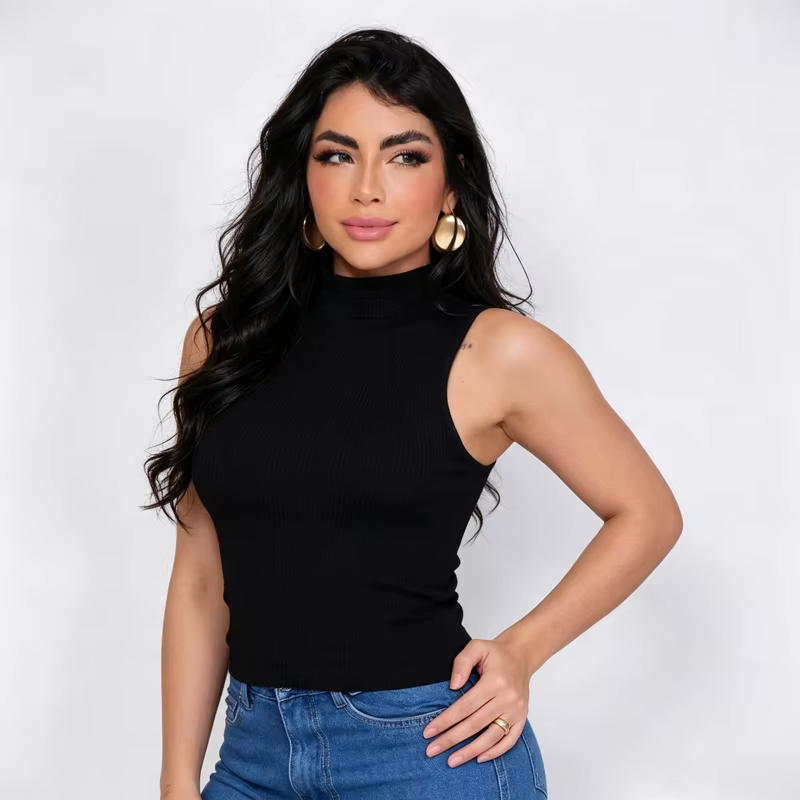 High Neck Ribbed Sleeveless Tank, Cutout Shoulder Modern Design Imported Touch, Sophisticated Look for Fashion Women