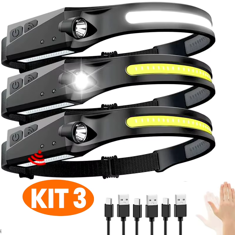 Lanterna de Cabeça LED Recarregável com Sensor de Movimento e USB, Ideal para Camping, Aventuras ao Ar Livre, Design Resistente