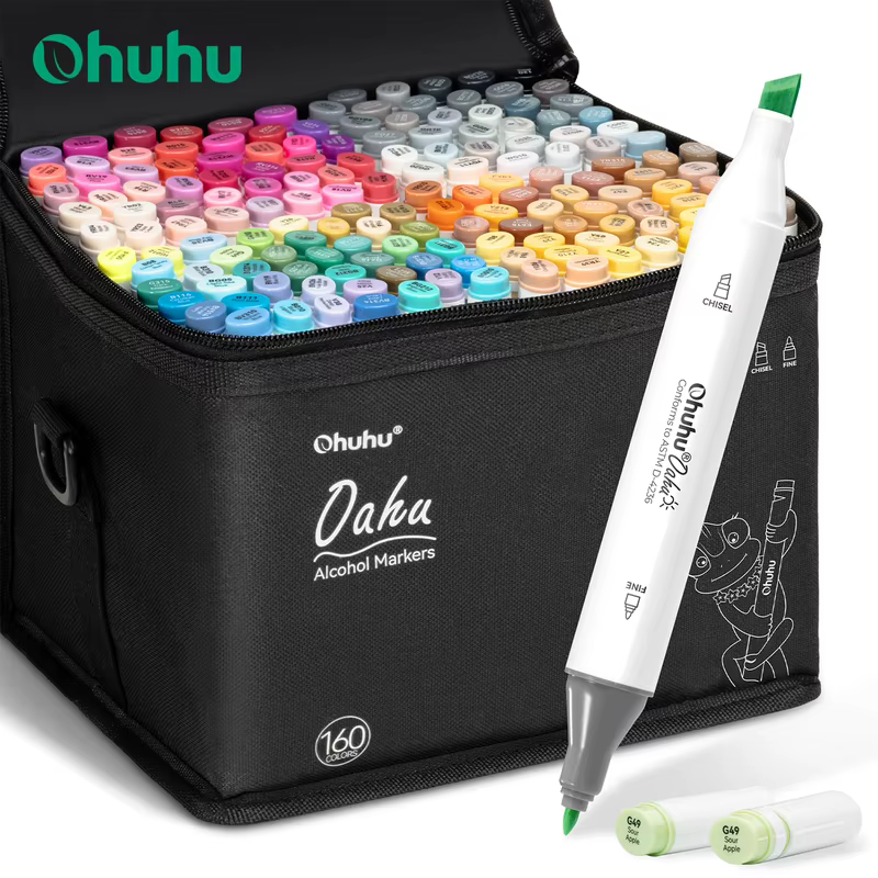 Ohuhu Oahu Conjunto de canetas marcadoras de 160 cores, marcadores de arte com álcool, pontas duplas, caneta de feltro, esboço, desenho, graffiti, mangá, material escolar de arte