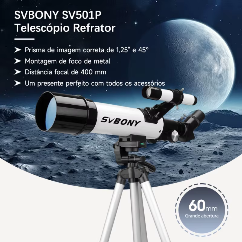 Svbony Conjuntos de telescópios astronômicos SV501P de 60/70 mm para observação planetária e lunar, presente para estudantes, presente para o dia das crianças,Suporte para celular grátis incluído.