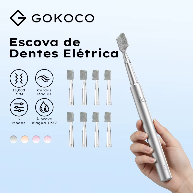Escova de Dentes Elétrica GOKOCO 18000RPM 3 Modos Ajustáveis IPX7 à Prova d'Água Cerdas Super-macias e de Alta Densidade