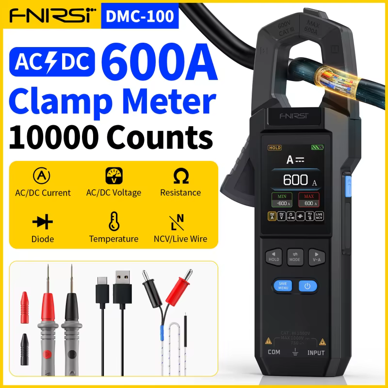 Fnirsi DMC-100 dc ac medidor de corrente braçadeira 10000 contagens multímetro digital 600a braçadeira amperimétrica testador ncv ferramentas eletricistas