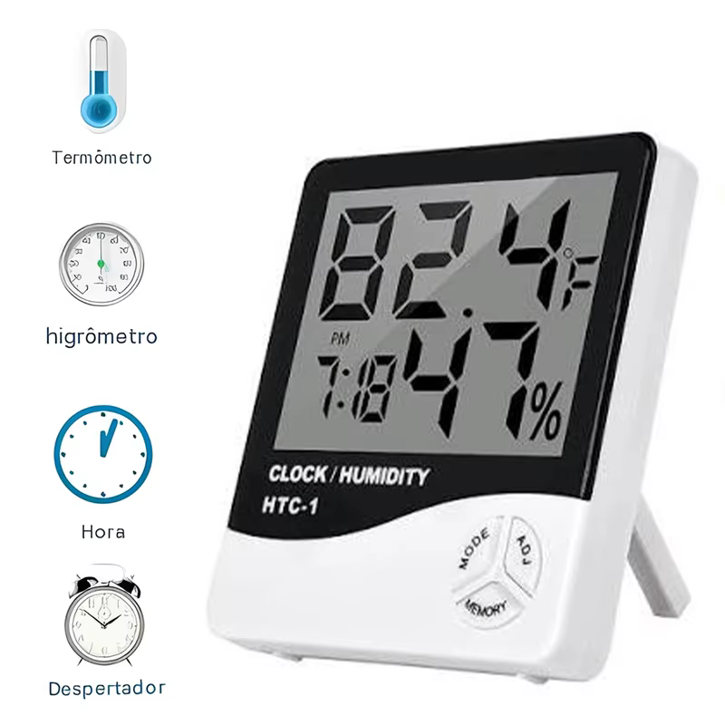 Termômetro Higrômetro Digital Medidor de Temperatura e Umidade com Relógio Alarme Máxima e Mínima