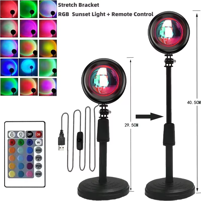 Lâmpada Pôr do Sol com Controle Remoto Luz Noturna USB 16 Cores Ajustáveis para Decoração de Quarto