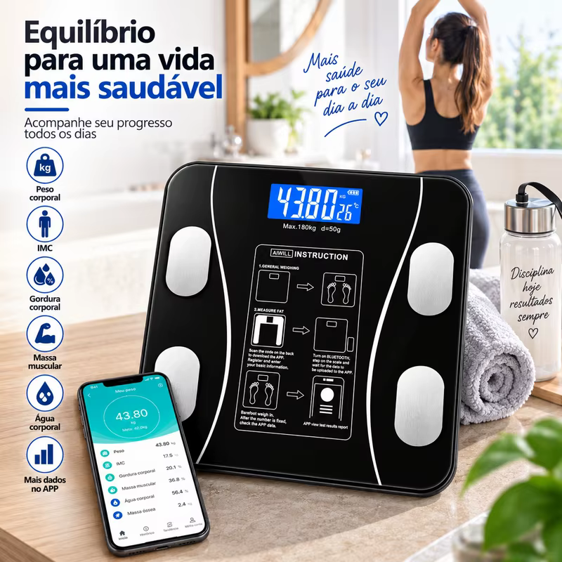 Balança Digital Inteligente de Bioimpedância com 8 Medições e Monitoramento via App para Peso e Gordura Muscular