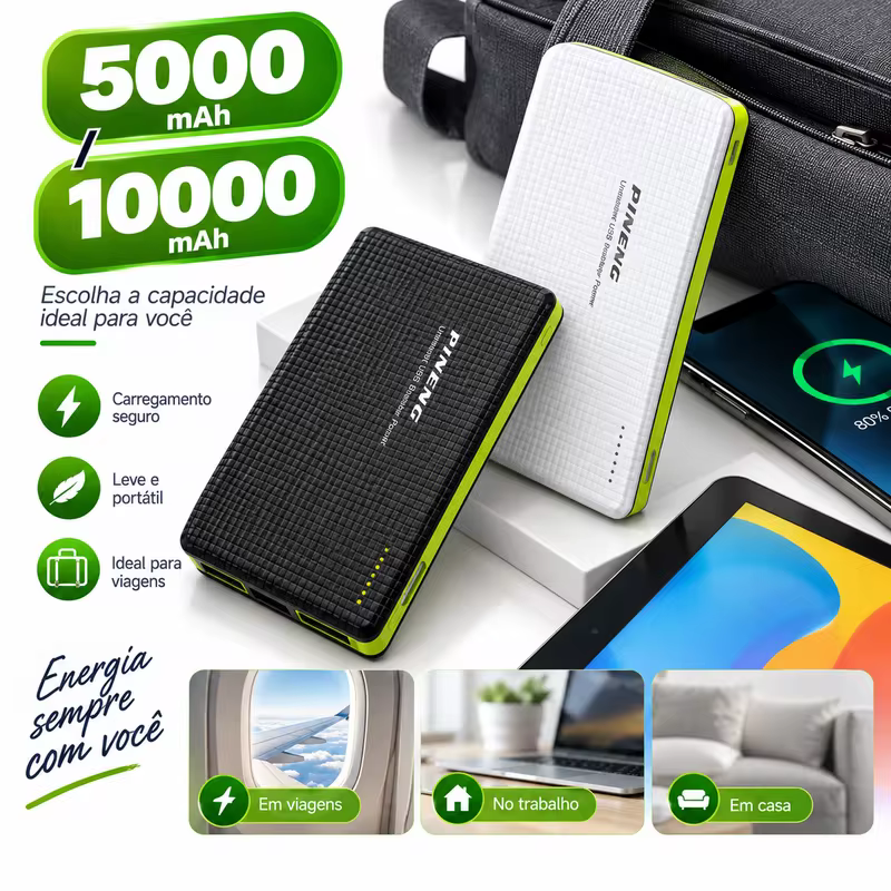 Power Bank 5000mAh E 10000mAh Com Adaptador E Carregador Portátil V8 Para Todos os Celulares