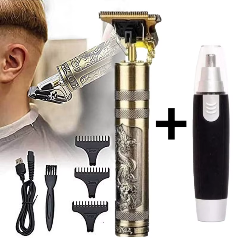 Kit de Barbeiro Profissional com Máquina de Cortar Cabelo e Barbeador Elétrico Recarregável, Tema Dragão, Presente
