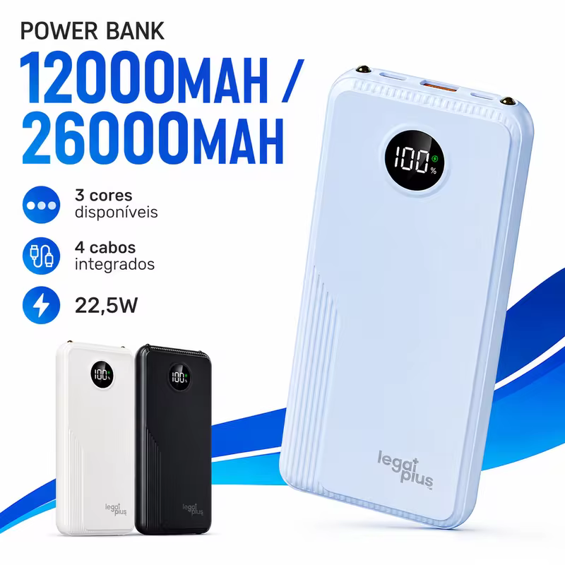 Bateria Portátil 12000mAh / 26000mAh PD 22.5W 4 Cabos Integrados Display Digital Carregamento Rápido Para Celular