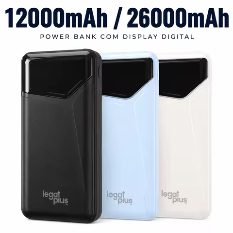 Power Bank 12000mAh 26000mAh Com 3 Cabos Tela LED Tipo C Lightning Alta Capacidade Portátil