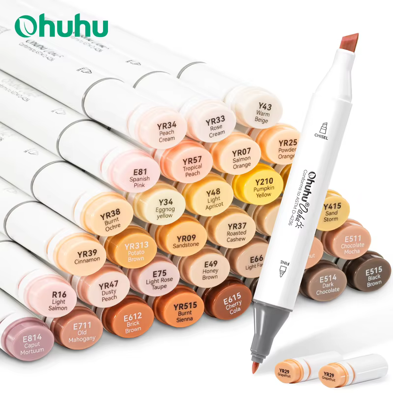 Ohuhu Oahu 36 Conjunto de canetas marcadoras de cores em tom de pele, marcadores de arte com álcool, pontas duplas, caneta de feltro, esboço, desenho, grafite, mangá, arte escolar