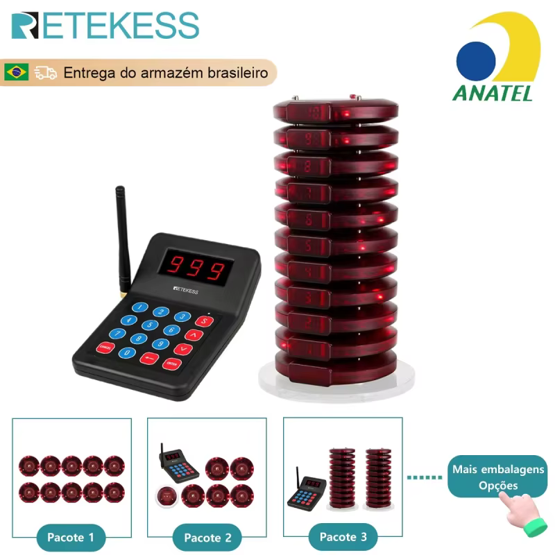 RETEKESS T119 Sistema de Chamada Sem Fio para Restaurantes, Receptor Vibratório com Buzzer, Carregamento Bidirecional para Cafés e Food Trucks