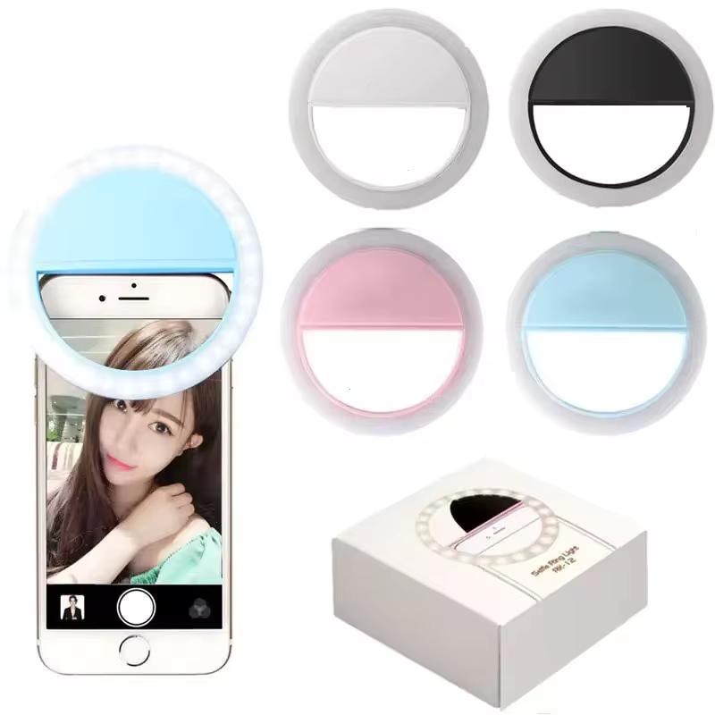 Anel de Luz LED com Carregamento USB, Anel de Luz para Selfie Compatível com Lente de Celular, Lâmpada de Selfie com Clipe de Anel