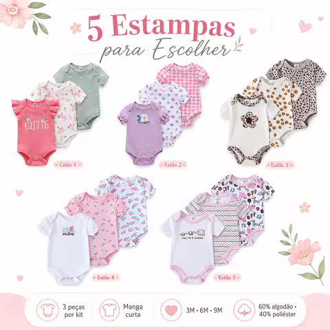 Kit Body Bebê Menina 3 Peças Manga Curta Estampado 60% Algodão 40% Poliéster