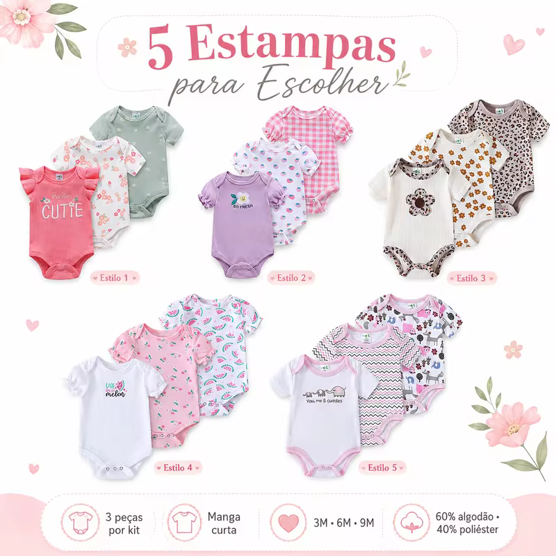 Kit Body Bebê Menina 3 Peças Manga Curta Estampado 60% Algodão 40% Poliéster