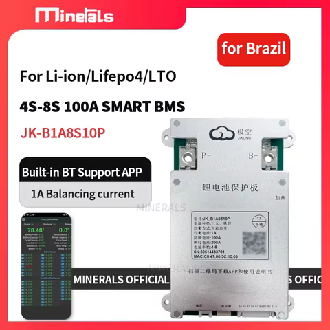 JK BMS JK-B1A8S10P Envio do Brasil 4S 5S 6S 7S 8S 100A SMART BMS com Equalização Ativa e Bluetooth APP para Balanceamento Ativo